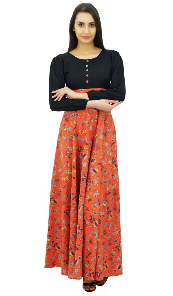 Bimba Женское длинное платье с длинными рукавами и круглым вырезом, цветочным принтом, в стиле бохо-готика, макси