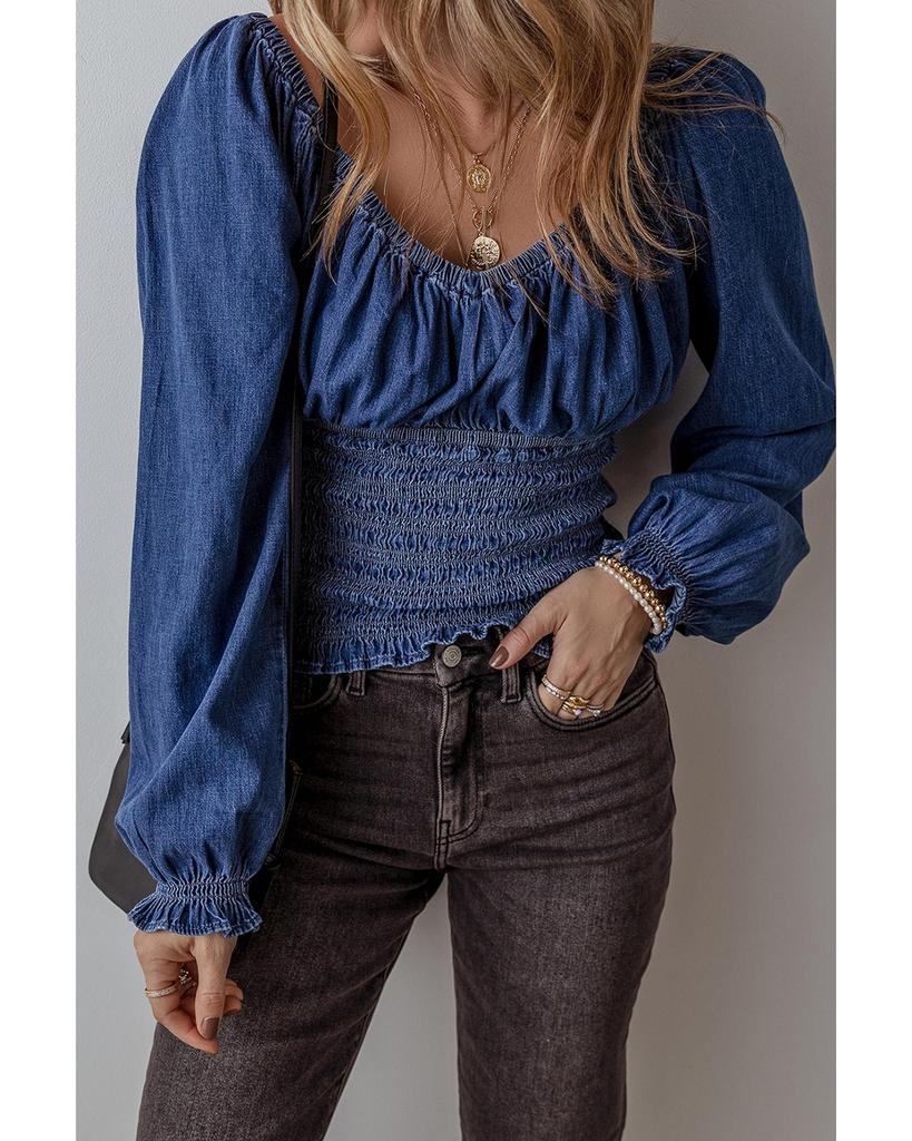 Azura Exchange Темно-синяя джинсовая блузка с V-образным вырезом и присборенными рукавами-фонариками