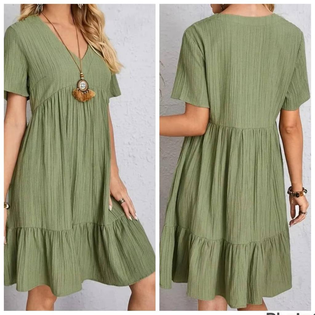 Женские летние платья Весна V-образный вырез короткий рукав свободный пуловер однотонный с оборками покрой расклешенный отпуск