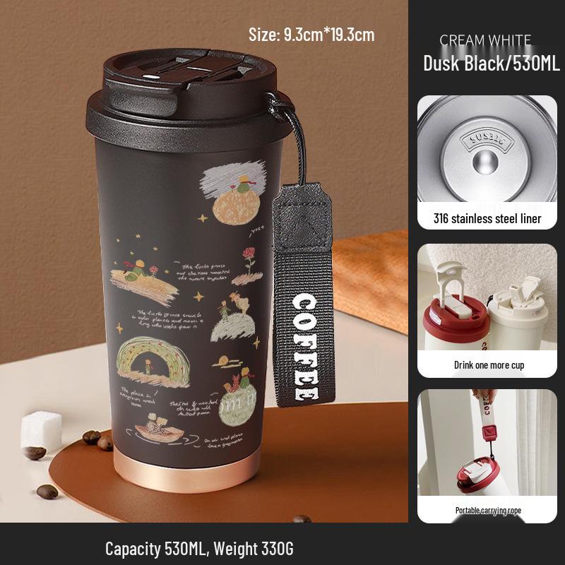 Термокружка из нержавеющей стали 316 для детей «Маленький принц» с трубочкой - Портативная версия, Кофейная и Подарок на день рождения