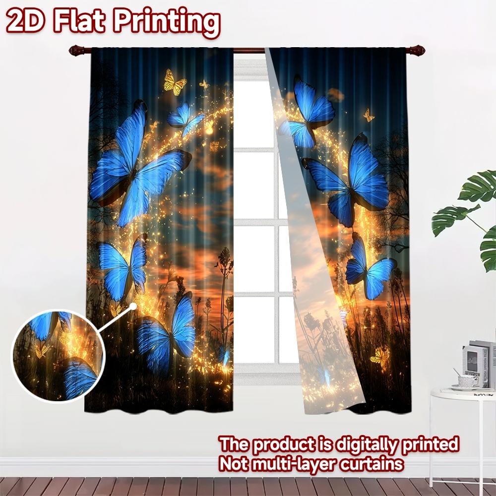 2D flat printing 2pcs Curtains Blue Butterfly Enchantment Magic Digital Printed Polyester Drapes All Season Party & Holiday