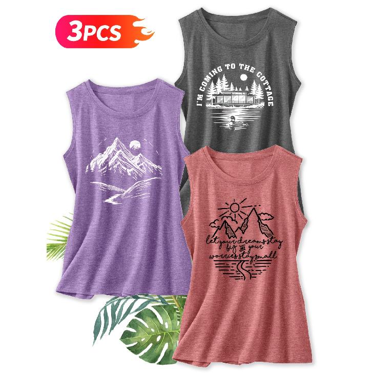 Three-piece set Elegant vest for women Outdoor mountain-themed printed round-neck women's tank top suitable for spring and summer Fashionable tops