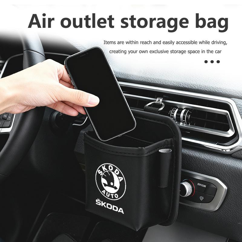 AAABT1 For Skoda Car Air Outlet Storage Box Hanging Phone Lipstick Lighter Organizer Bag Holder Rapid Octavia Derivative Enyaq-iV