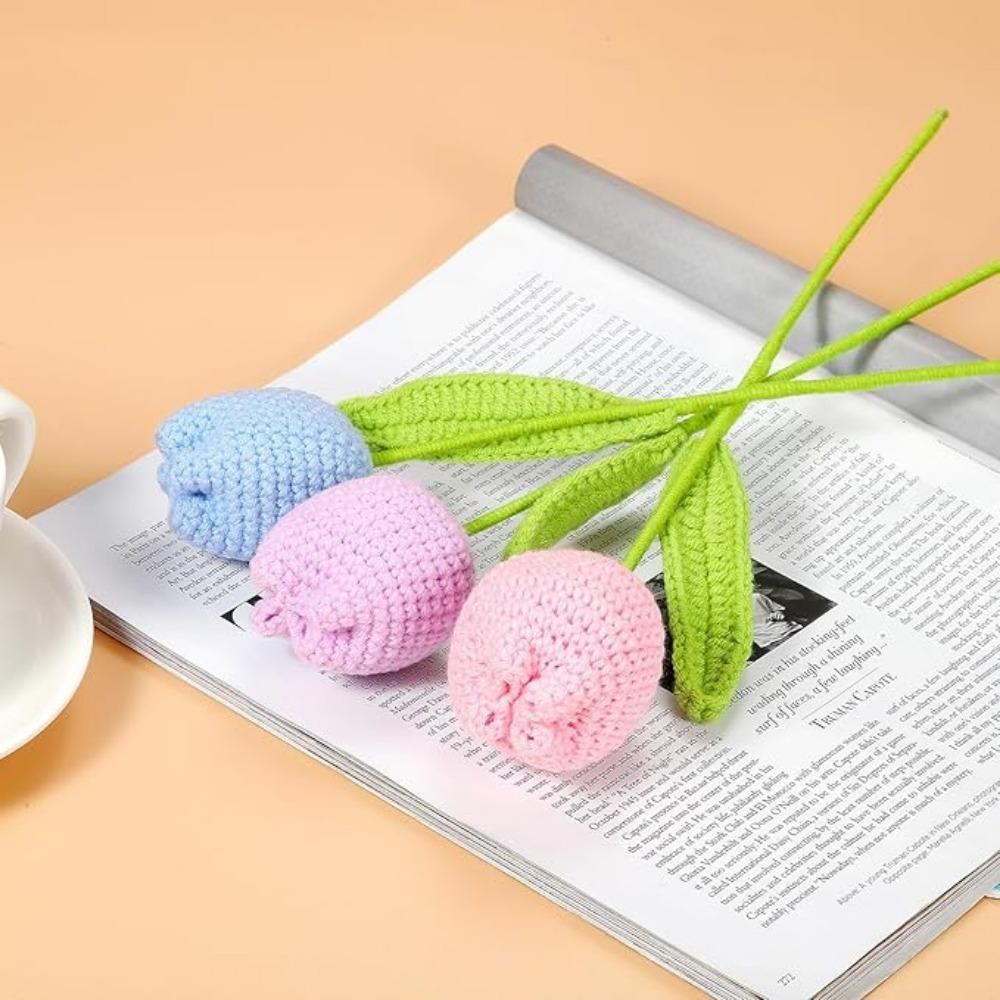 6 шт. вязаные крючком тюльпаны ручной работы вязаные цветы искусственные плетеные поддельные цветы со стеблями для украшения столов на День святого Валентина дома, свадьбы, вечеринки, офиса