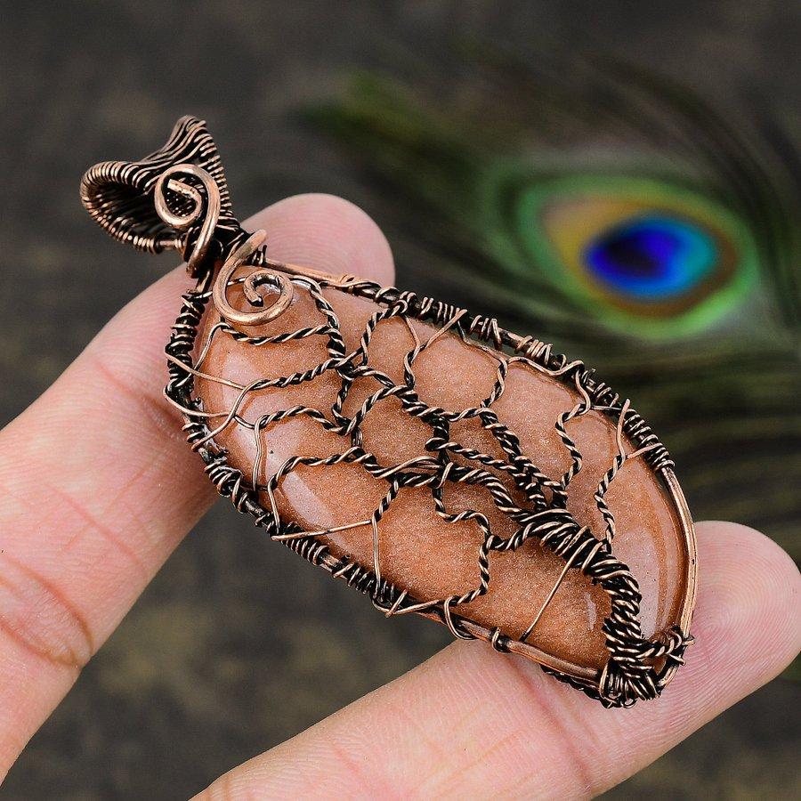 Red Sunstone Gemstone Copper Wire Wrap Jewelry Pendant 2.96
