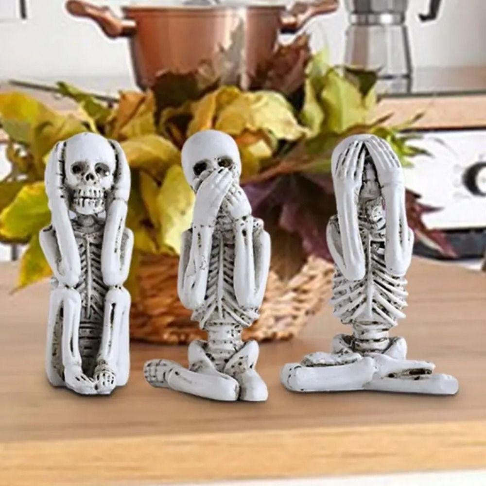3pcs Mini No Listen No Look No Say Skull Gothic Skull Statue Decor for Dining Room