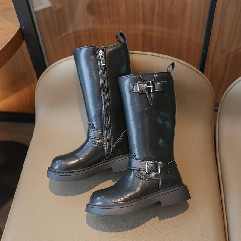 Korean Style Children Leather Boots Warm 2024 Autumn Girls Riding Boots Drop Shipping Black Kids Black Princess Catwalk Boots