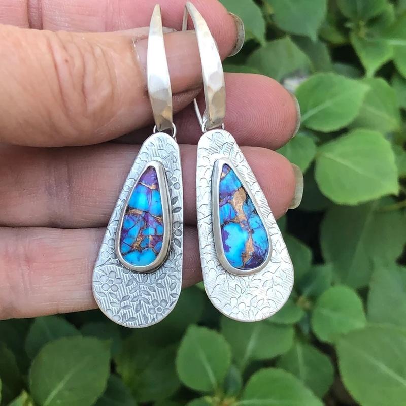 Bohemian Drop Turquoise Hook Earrings Creative Hand Carved Pattern Drop Earrings