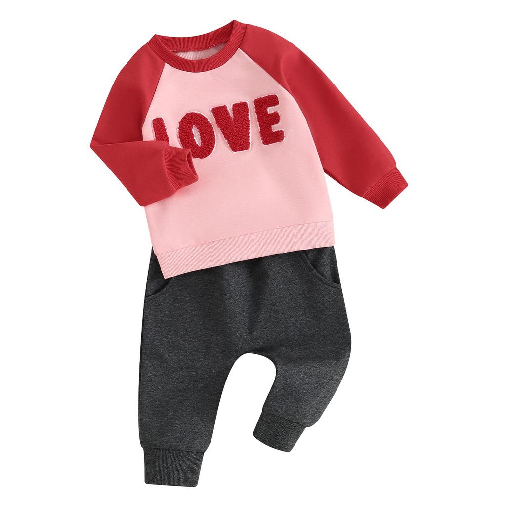 Baby 2 Piece Outfit Plush Letter Embroidery Long Sleeve Sweatshirt and Elastic Pants Set for Newborn Infant Fall Clothes