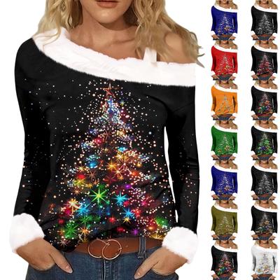 Женская повседневная модная сексуальная футболка с открытыми плечами, рождественским узором, длинным рукавом и круглым вырезом