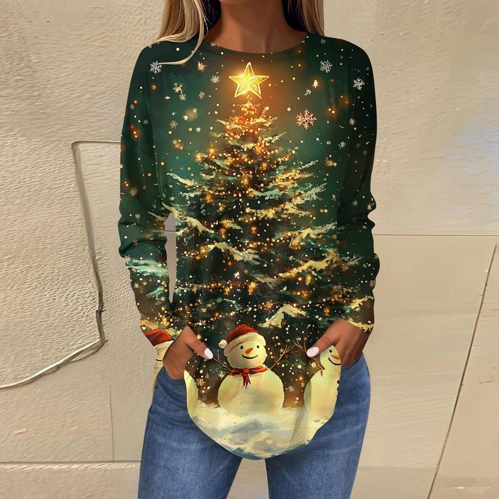 Женская свободная футболка с круглым вырезом и длинными рукавами с принтом в стиле ретро, пуловер на Рождество