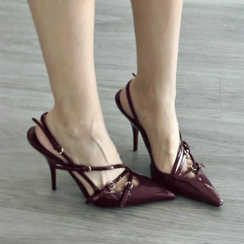 Мода 2025 Новые лакированные сандалии-кошечки с ремешком на щиколотке, женские черные шелковые туфли-лодочки на шпильке с острым носком