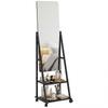 Free Standing Dressing Mirror Rolling Full Length Mirror On Wheels With Adjustable Angle Storage Shelves For Bedroom