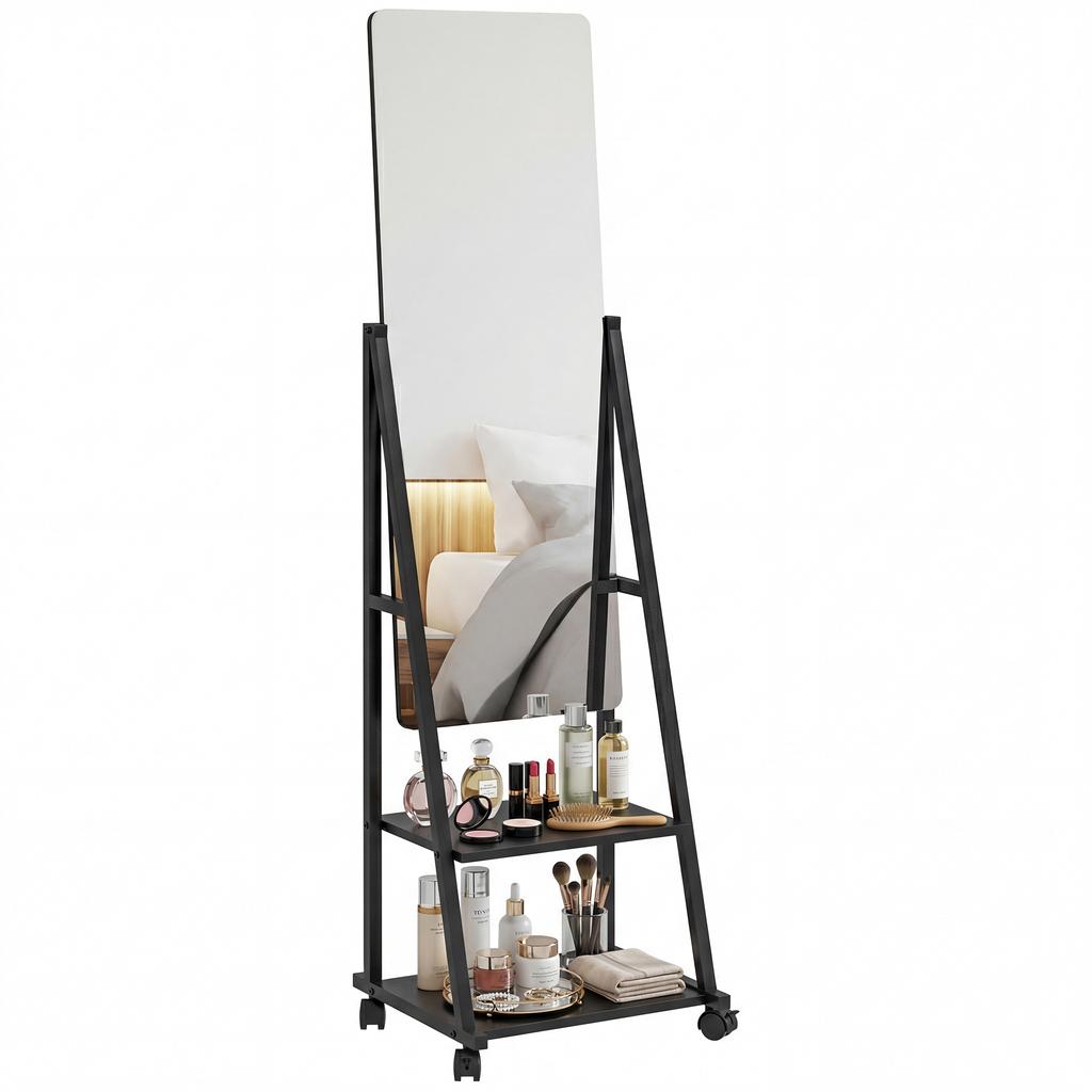 Free Standing Dressing Mirror Rolling Full Length Mirror On Wheels With Adjustable Angle Storage Shelves For Bedroom
