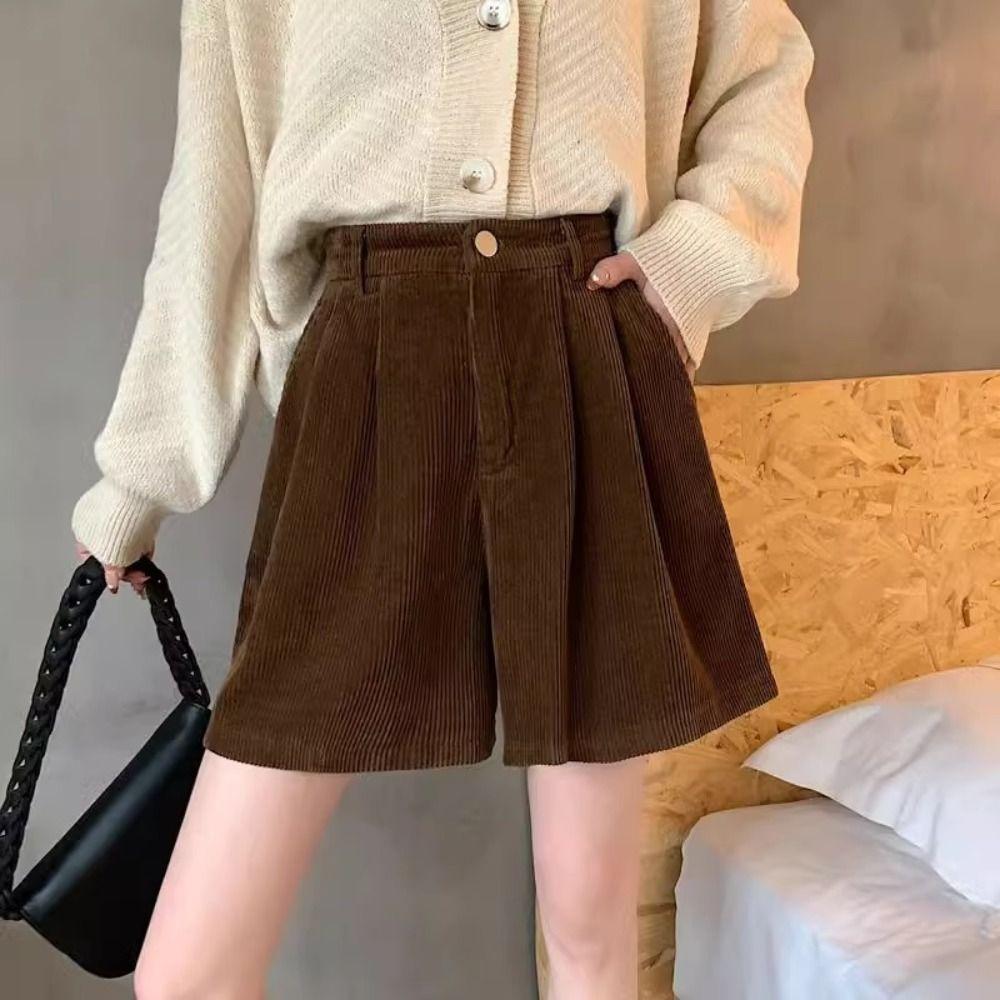 Stripe Women Corduroy Shorts High Waist Loose Streetwear Casual Wide Leg Short Pants Ladies