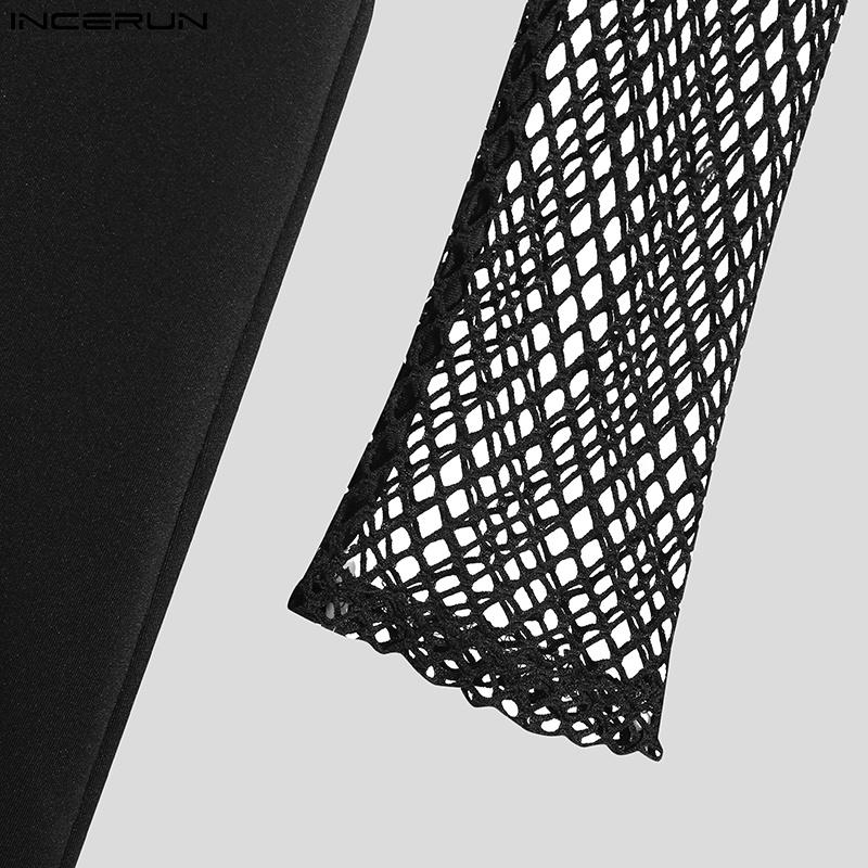INCERUN Летний мужской черный сетчатый короткий комбинезон с вышивкой