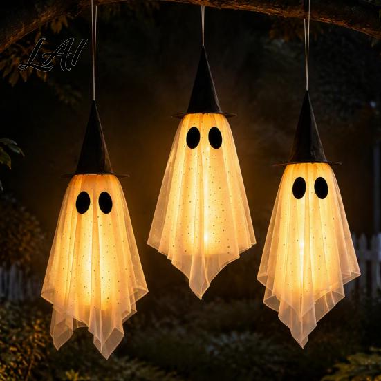 Reusable Fabric Halloween Decor 3 Pcs Hanging Ghost Decoration Spooky Large Mesh Weather Resistant Outdoor Ghosts with Witch Hat for Porch,