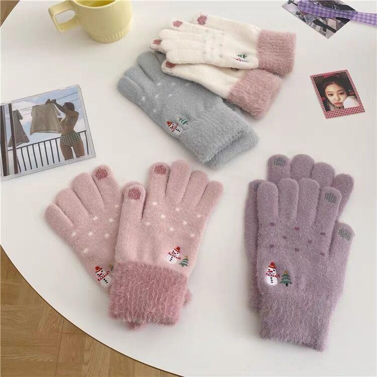 Милые корейские перчатки для женщин на зиму, милый рождественский снеговик, плюшевые, вязаные из шерсти, студенческие, для тепла зимой