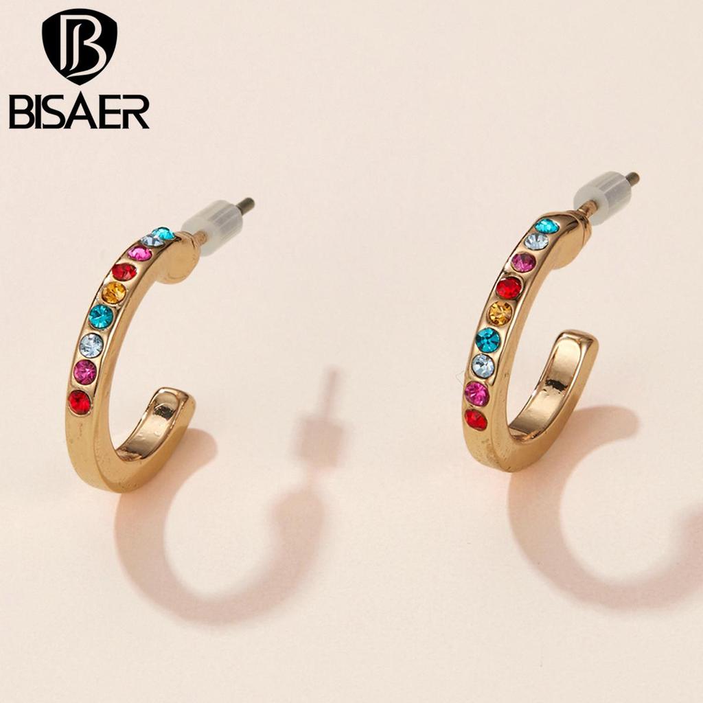 Bisaer Bright Colorful Rhinestones Circular Shape Stud Earrings for Women Fine Jewelry