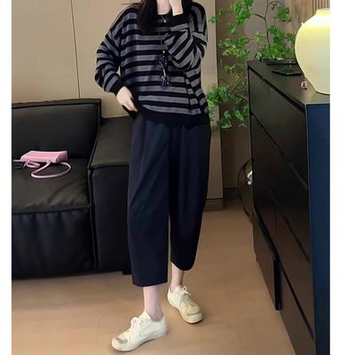 Модный костюм Свитер в полоску с круглым вырезом Женские прямые свободные повседневные брюки Для работы Универсальный костюм