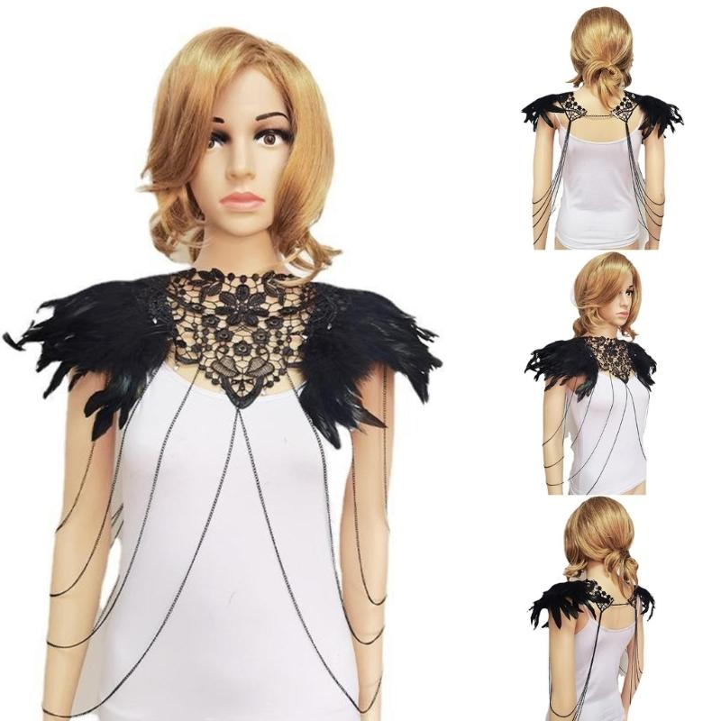 Эполеты с перьями Наплечная накидка Кружевной чокер Костюм для косплея на Хэллоуин Готический кожаный ремень с перьями Цепочка на тело для женщин