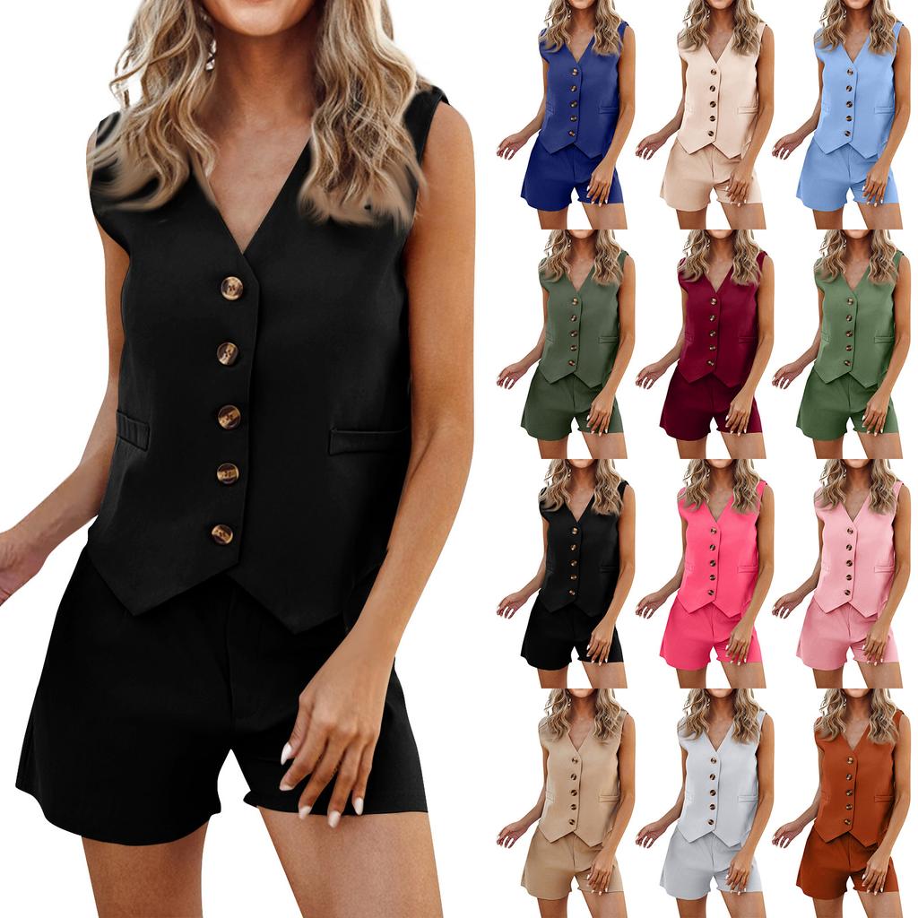 Women's Fashion Solid Colour V-Neck Single Breasted Casual Vest Shorts Vest Set