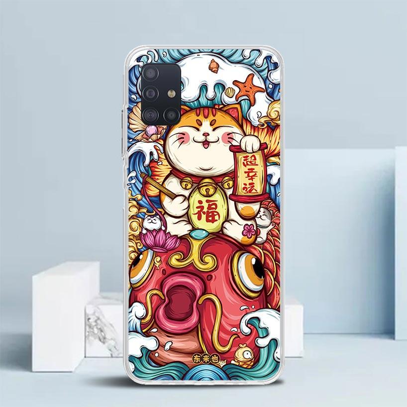 Lucky Cat Maneki Neko Japanese Soft Cover for Samsung Galaxy A12 A22 A32 A52 A72 A02S Phone Case Note 20 Ultra 10 S10 Plus A51 A