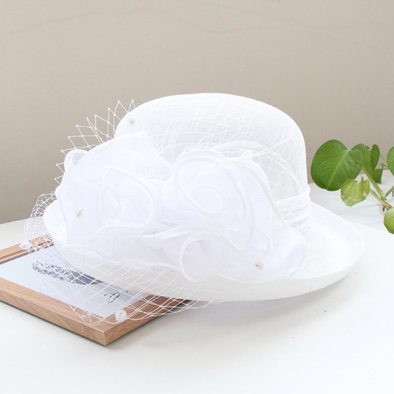 European and American temperament linen flower elegant banquet top hat spring and autumn solid color curled sun hat women's outdoor sunscreen basin h