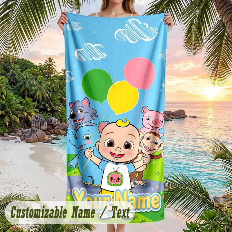 Cocomelon Beach Towel, Personalized Custom Text, Quick Dry Soft Large Towel For Swimming Pool Travel