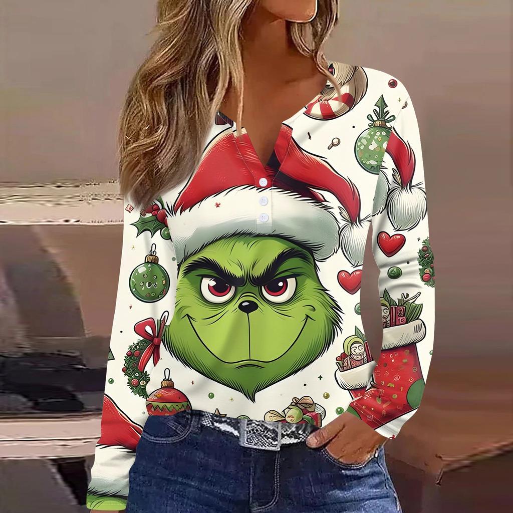 Women's T Shirt Tee Christmas Print Button Long Sleeve Daily Weekend Fashion Basic V- Neck Regular Top