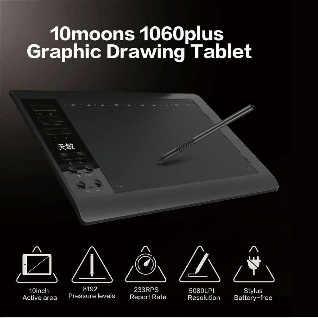 G10 1060Plus Graphic Tablet 10x6 Inch Designer Digital Drawing Tablet 8192 Levels Battery-Free Pen 10moons for Windows & MacAA