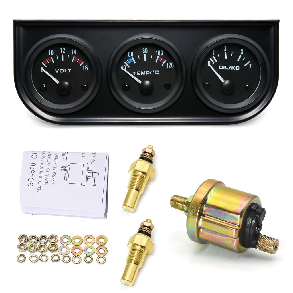 52mm Triple gauge 3 in 1 Volt Meter + 100-250℉ water Temp Gauge+0-100psi Oil Pressure Gauge & Oil Temperature Gauge With Sensor