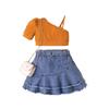 Костюм для девочек, летний детский однотонный топ с короткими рукавами, джинсовая плиссированная короткая юбка, пояс для костюма