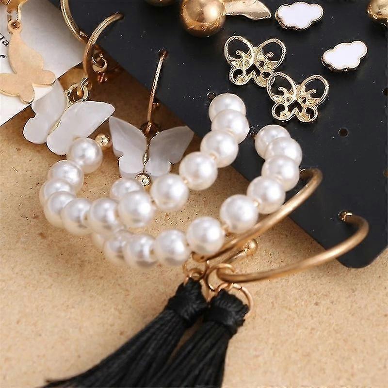 17 Pair Set Retro Imitation Pearls Butterfly Tassel Earrings Heart Rhinestone