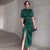 2024 Summer European & American Ruched Waist Slit Slimming Long Dress