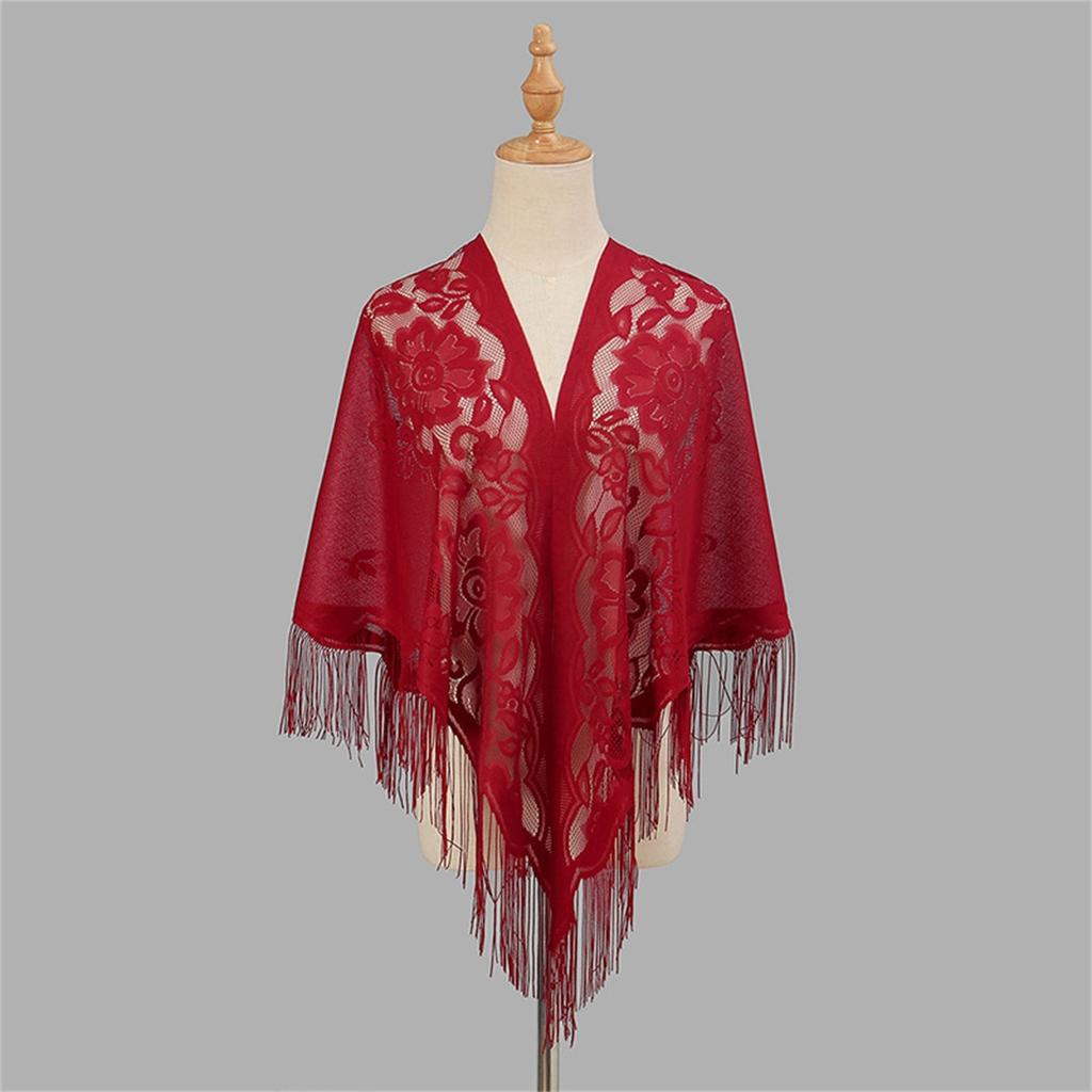Nylon Hollowed Out Single Color Breathable Tassel Scarf Shawl Female