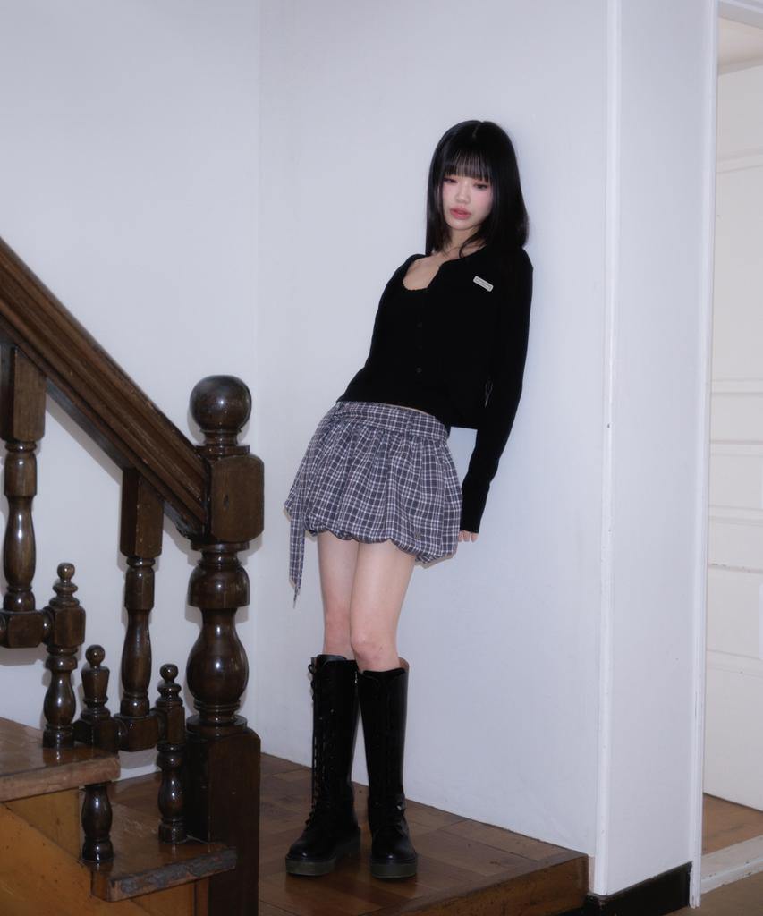 Rose Franz Balloon Check Belted Miniskirt [Black]