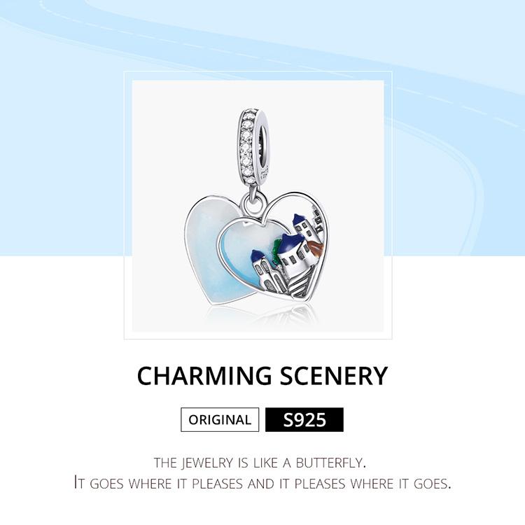 WOSTU 925 Sterling Silver Love Heart-shape Charm Pendant Santorini Castle Charming Scenery Beads for Original 3mm Bracelets & Necklaces DIY Jewelry
