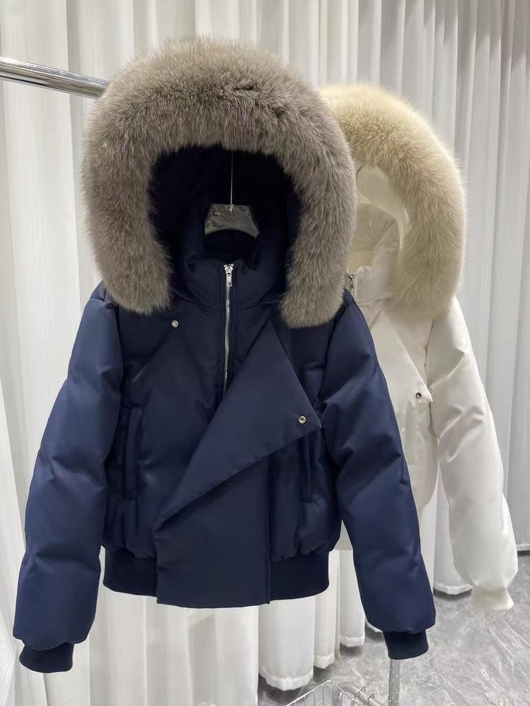 Navy blue removable large fur collar hooded Parker cotton coat women's winter thickened small short cotton coat