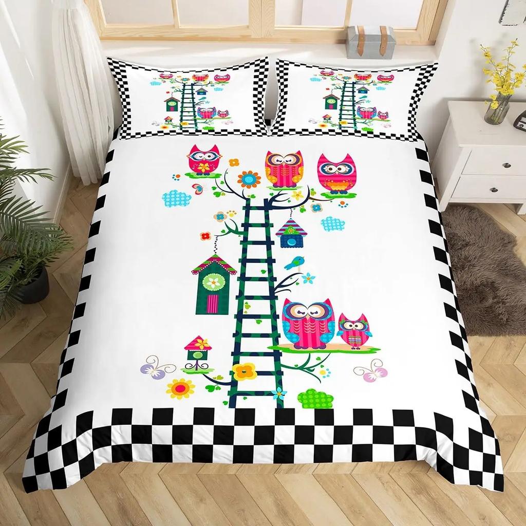 Kids Cartoon Garden Bed Set Cute Owls Comforter Cover, Chic Tree Butterfly Duvet Cover Full Queen White Daisy Floral Bedding Set