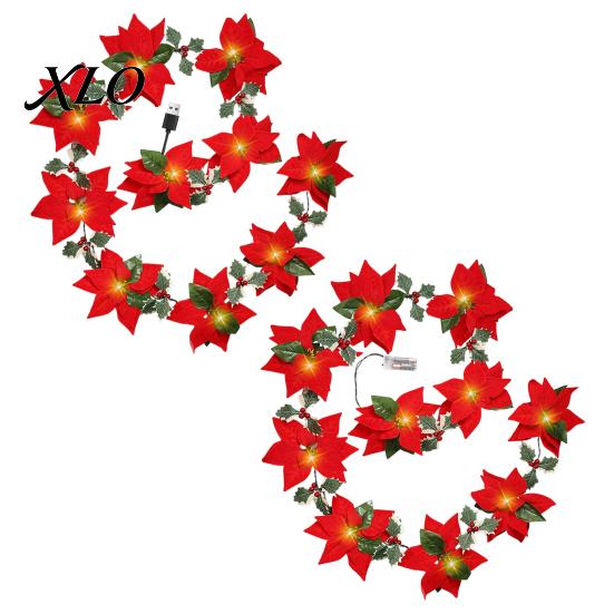 Christmas Decorative Lanterns Poinsettia String Lights, 200/300cm Red Green Floral Garland, Battery/USB Low Voltage LED Operated Indoor Outdoor Fairy