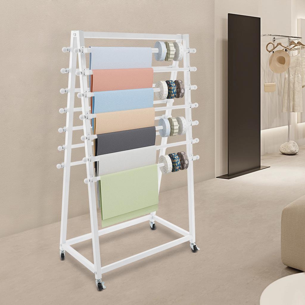 Double-Sided 15-Tier Ribbon and Scarf Organizer Rack, White Steel Fabric Storage Display Stand, 30kg Capacity for Craft Room