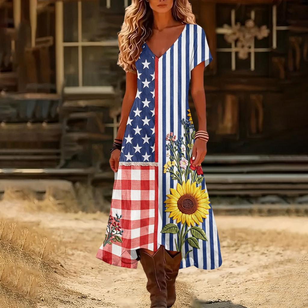 Women’s V Neck Short Sleeve Maxi Dress with 1776 America Print Gradient Hem and Floral Graphic Casual Loose Fit