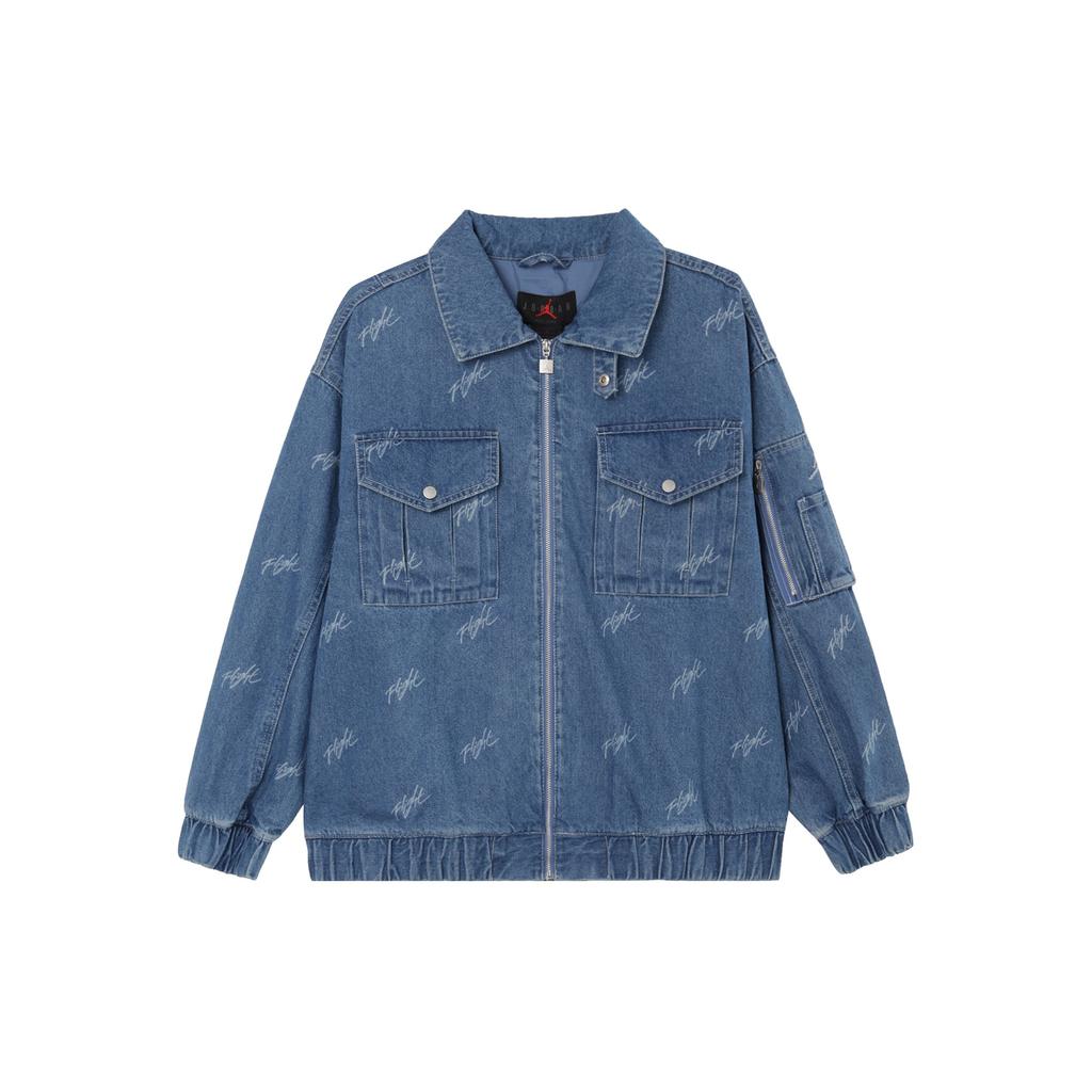 Jordan SS24 Flight Series Renegade Повседневная джинсовая куртка с отложным воротником и полным принтом на молнии Женская куртка каменно-синего цвета FN5354-453