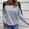 Sexy Hollow Lace Patchwork Round Neck Long Sleeved T-shirt Top for Women Shirt