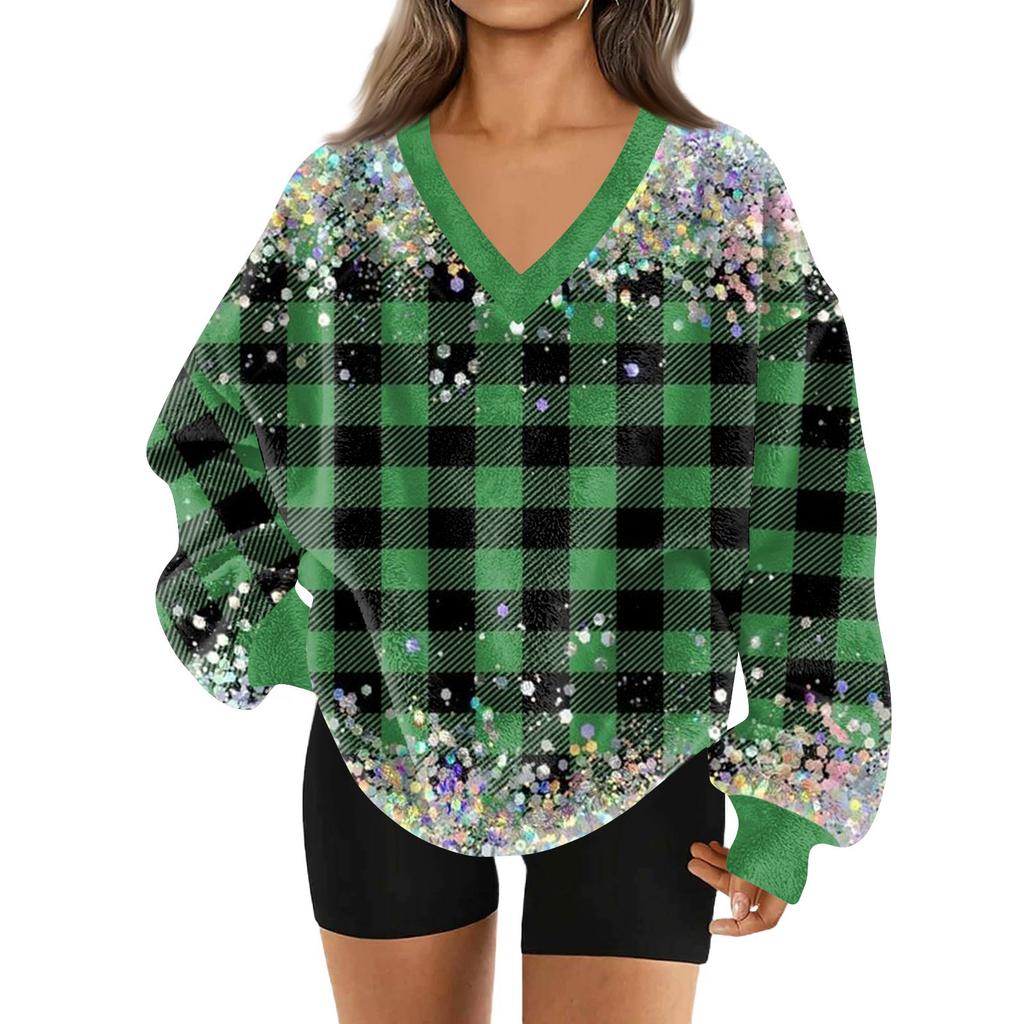 Женский модный пуловер с V-образным вырезом, рождественским принтом, длинным рукавом, повседневный, плюшевый, теплый, с карманом, толстовка, топ