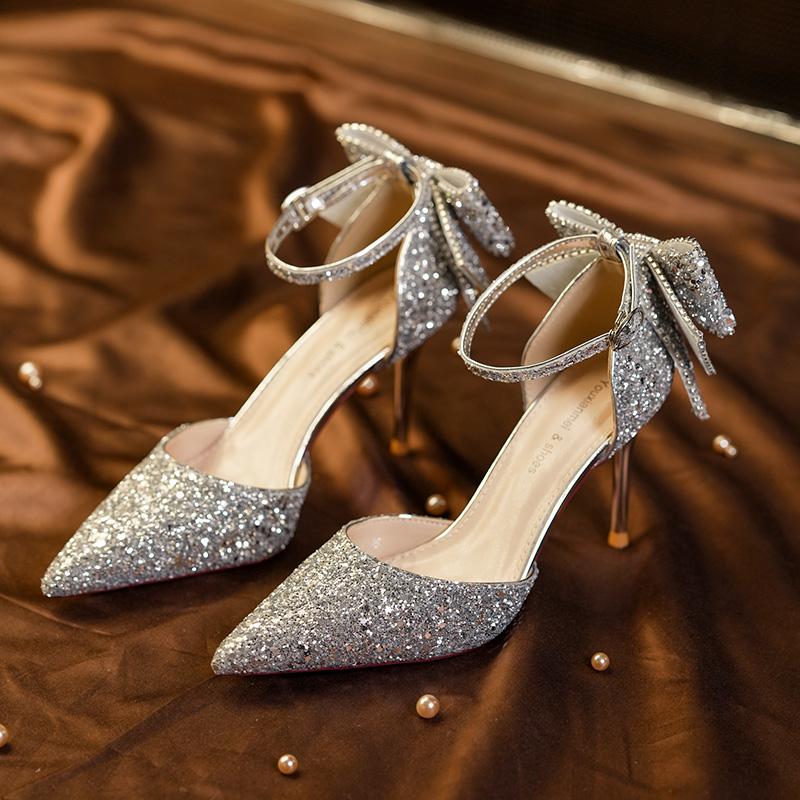 Летние роскошные женские модные босоножки с острым носком, блестками, стразами, бантом, кристаллами, на высоком каблуке, для вечеринки, свадьбы