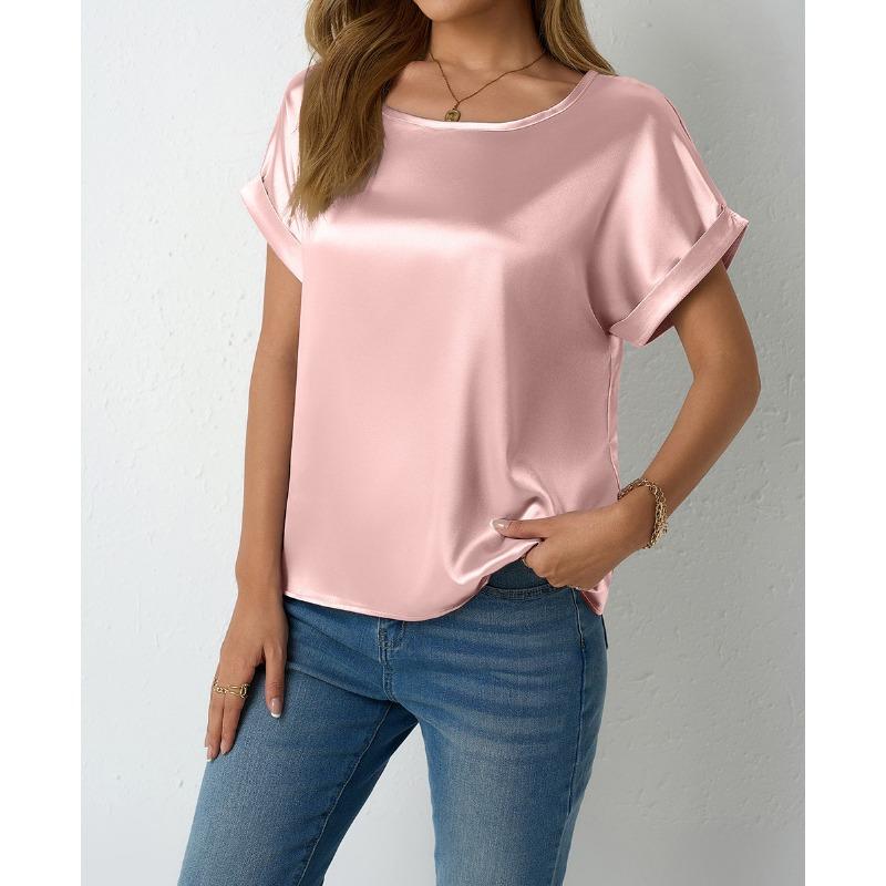 Women's Spring Summer Short-sleeved Satin Shirt Loose Casual Color T Shirt