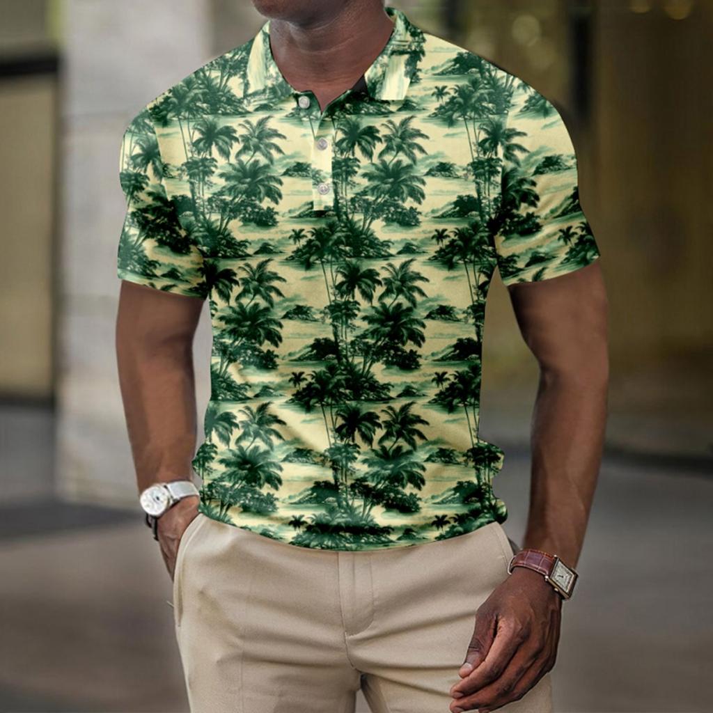 Men's Summer Hawaii Printed Golf Shirt Botton Short Sleeve Top Men's Casual Fashion Shirt