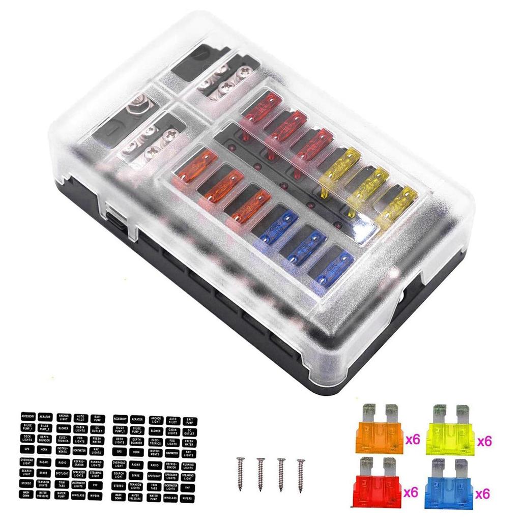 12 Circuit Fuse Block, Fuse Box Fit for Marine Automotive Car Vehicle